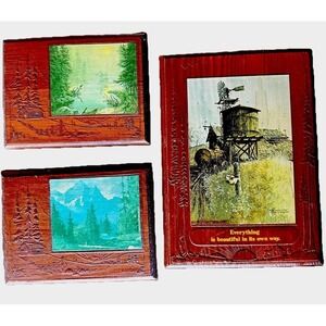 VTG 3 Forest Cottagecore Plaque Wood Carved Rustic Cabin Decor 1970s Retro